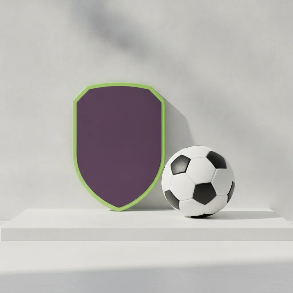Yeşil çerçeveli mor kalkan ve yanında futbol topu